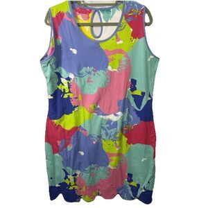 Ana Clare Reversible Dress Shift Printed Sleeveless XL Scallop Hem Colorful